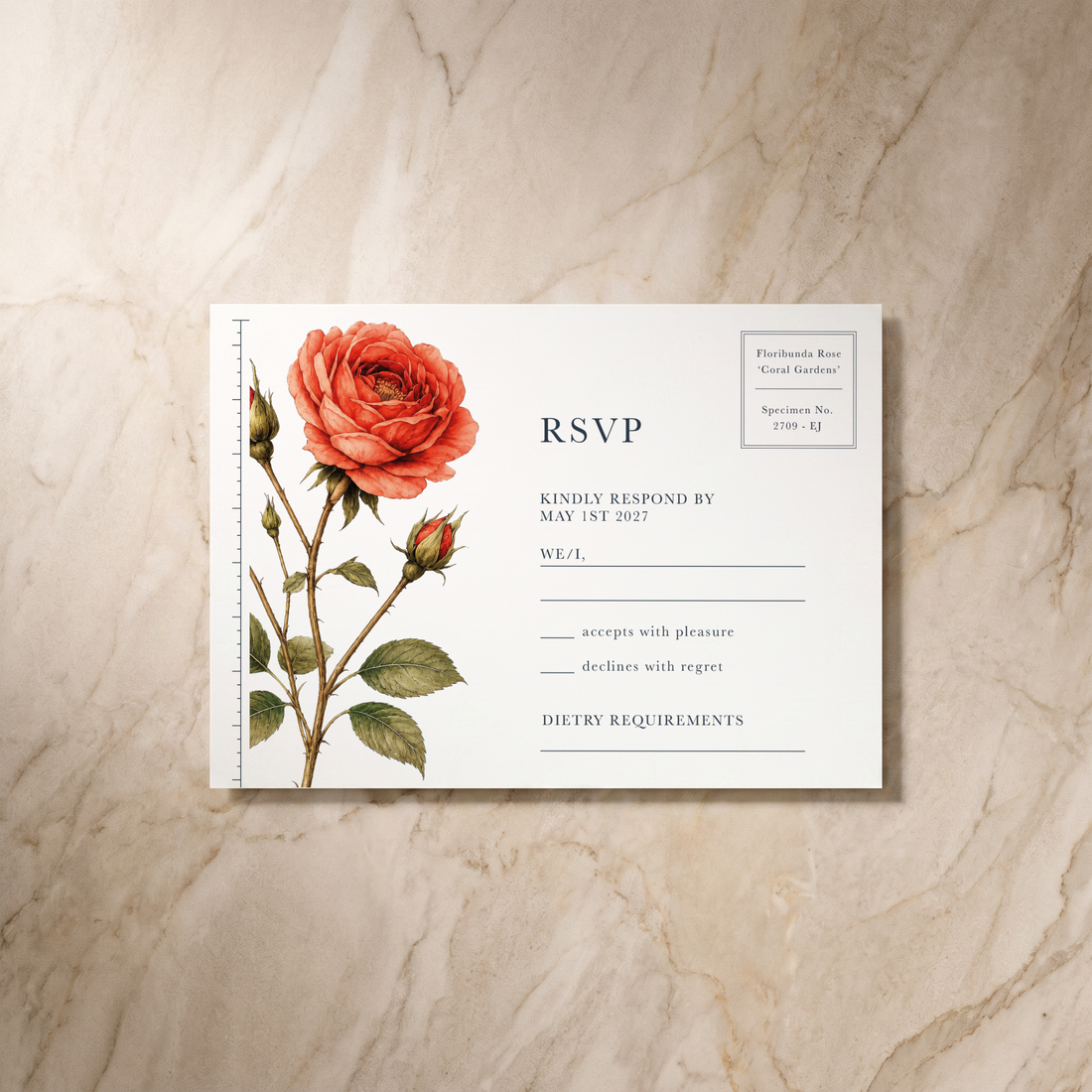 Botanist wedding RSVP card, front