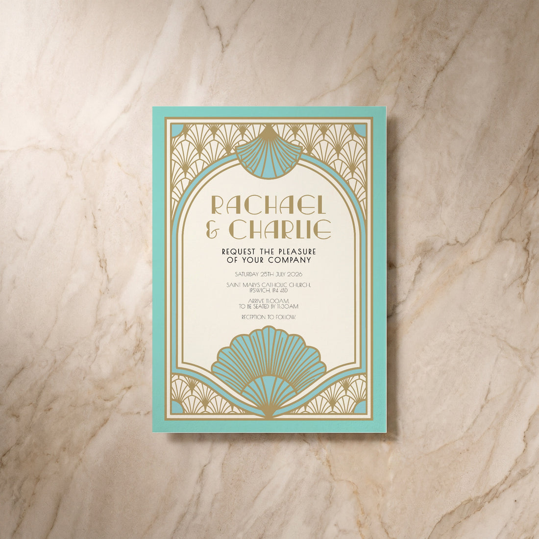Art Deco wedding invitation, front design, designed and printed in Suffolk