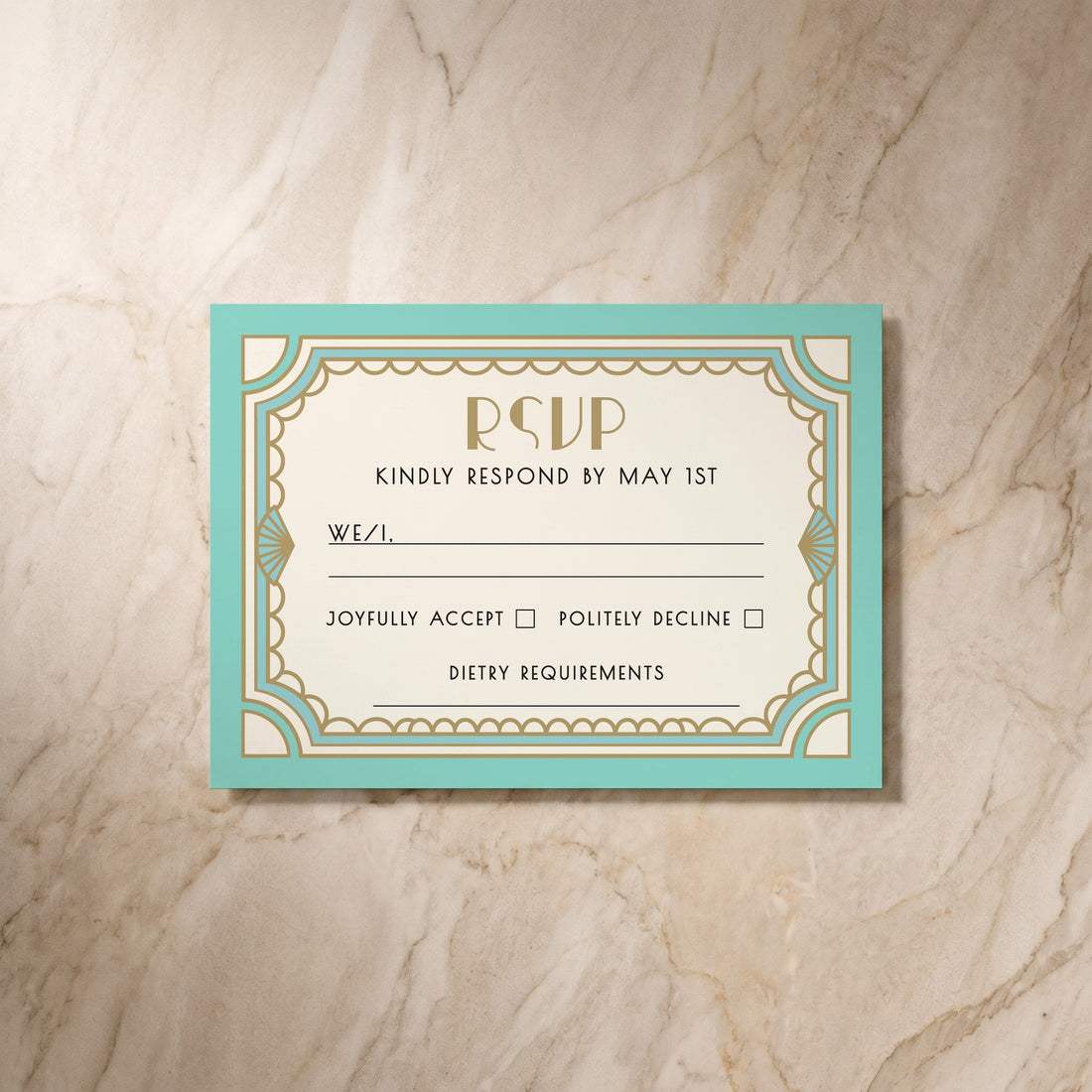 Art Deco RSVP card, front design, designed and printed in Suffolk
