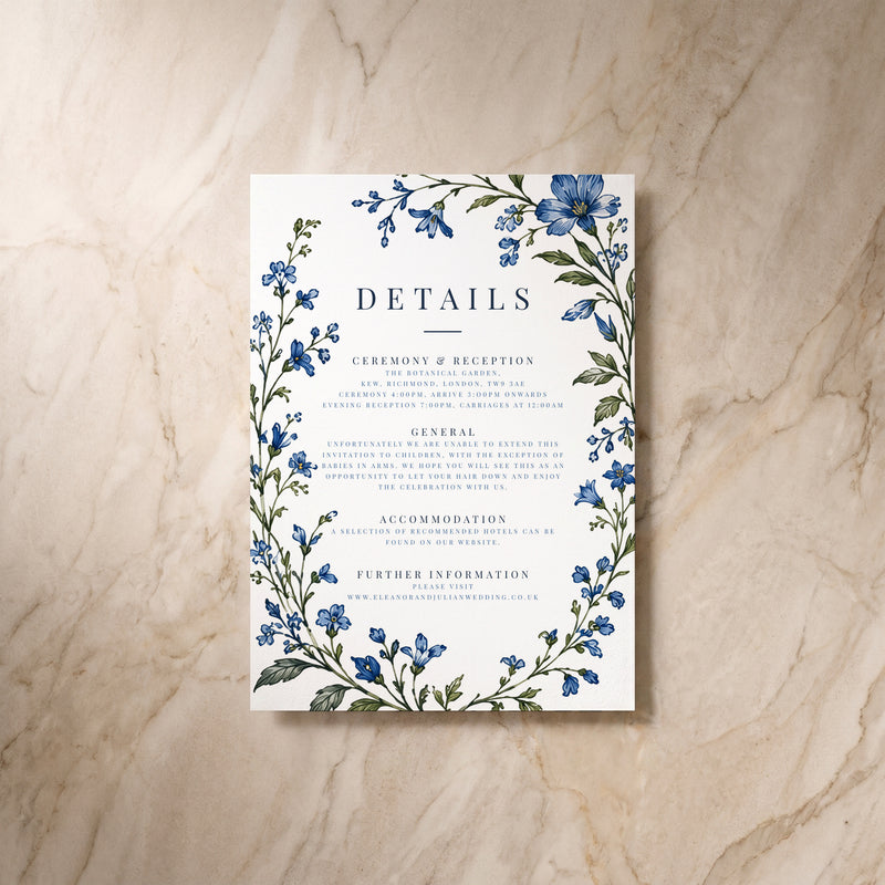 Blue Floral details card, single front view