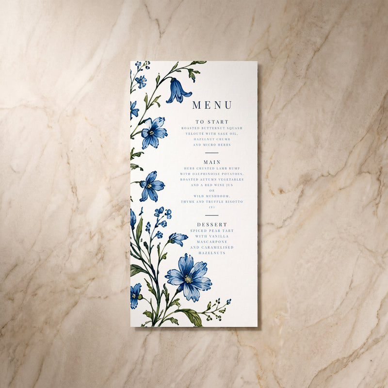 Blue Floral menu, single front view