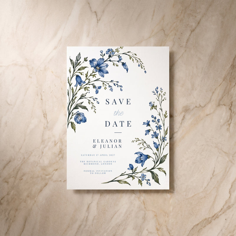 Blue Floral save the date, single front view