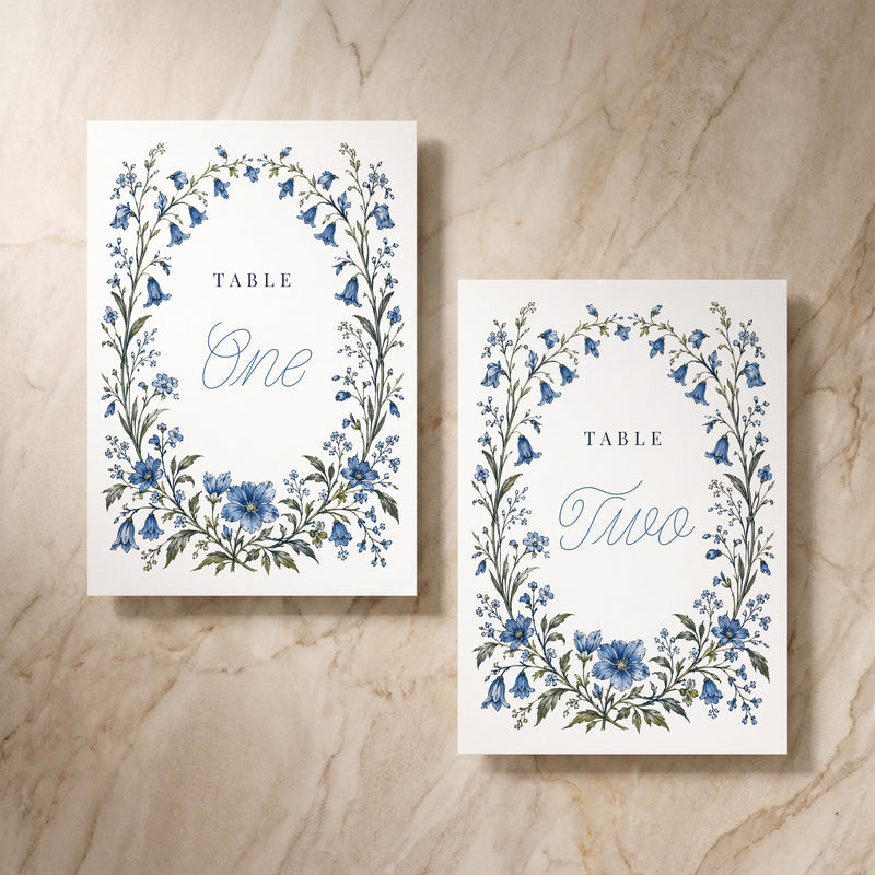 Blue Floral table number, pair of cards