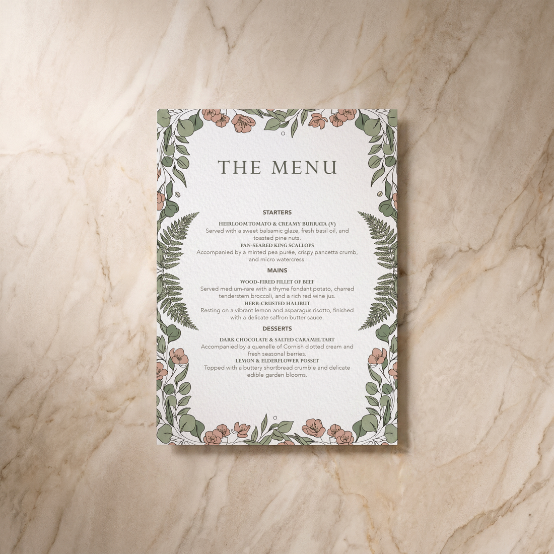 Country Garden wedding menu, front design, designed and printed in Suffolk