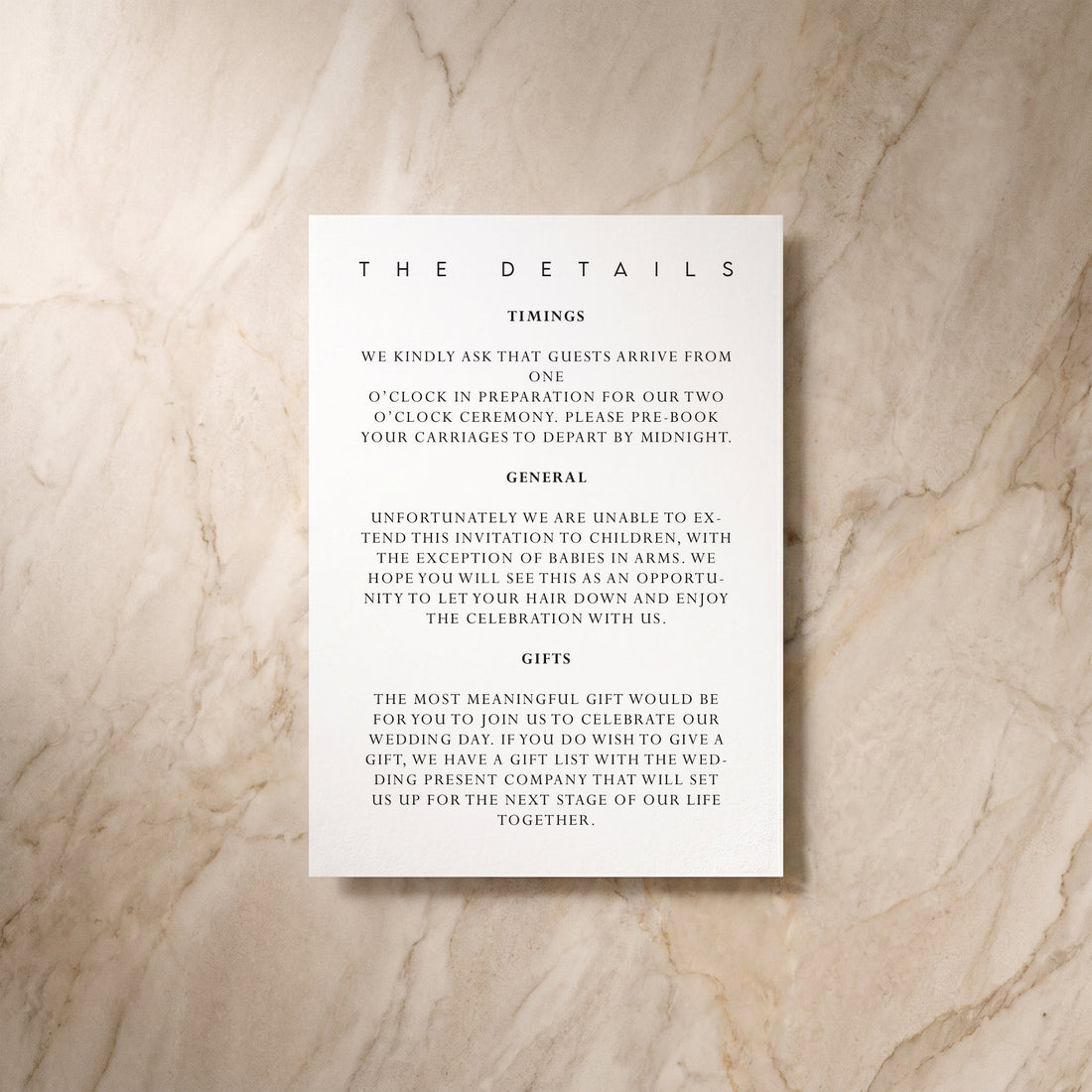 Essential wedding details card, front design, designed and printed in Suffolk