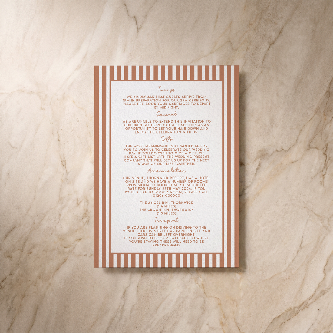 Parlour wedding details card, front design, designed and printed in Suffolk