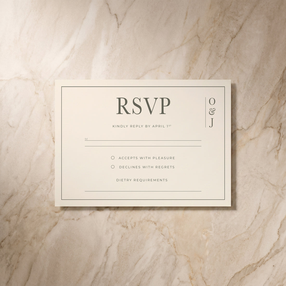 Heritage wedding RSVP card, front view