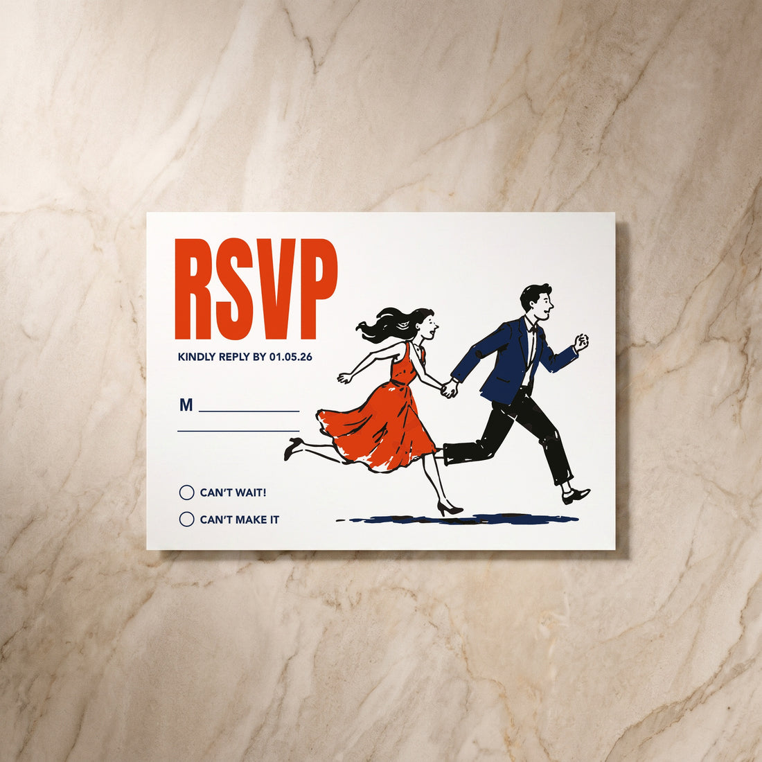 Illustrative RSVP card, front design, designed and printed in Suffolk