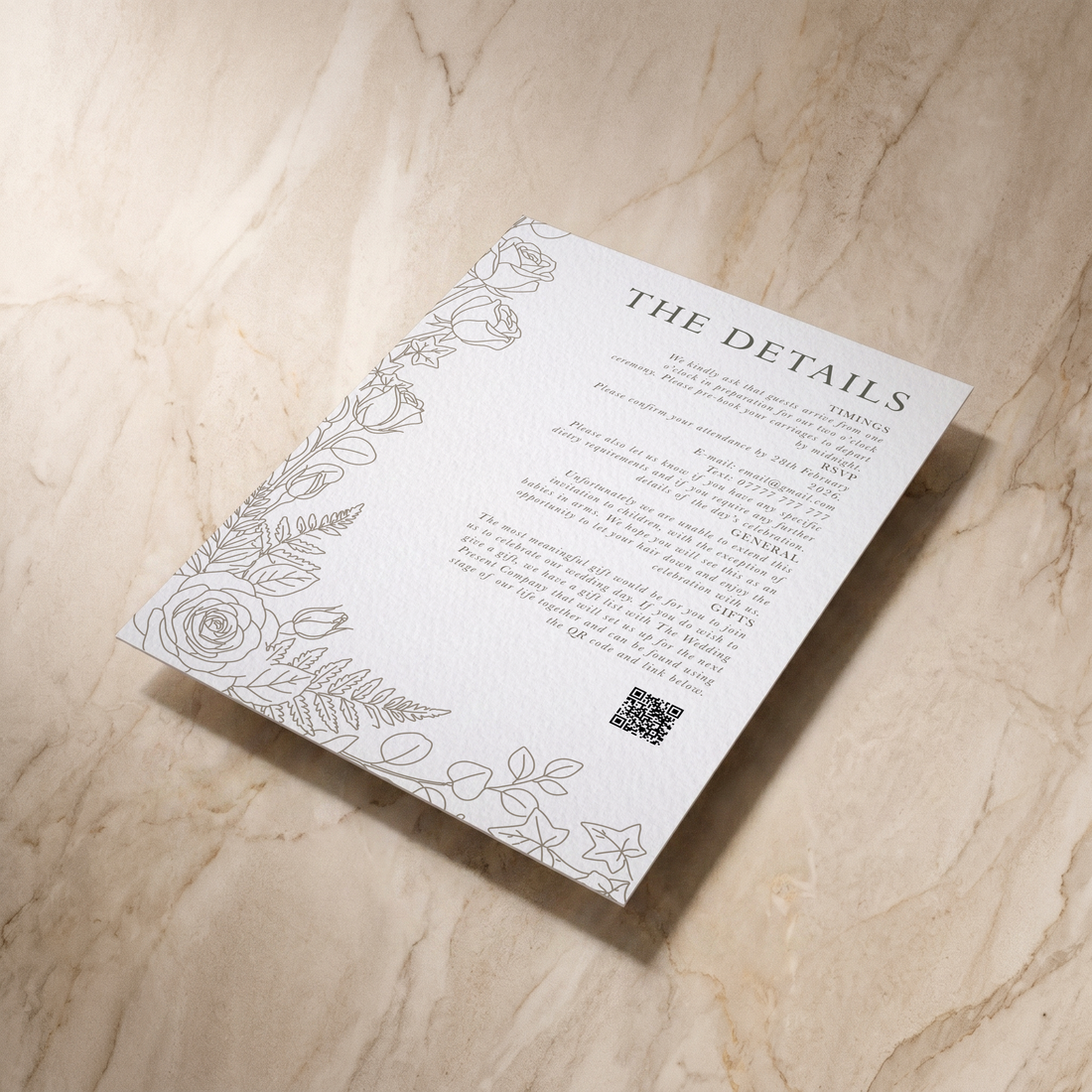 Line Garden wedding details card, shown at an angle, designed and printed in Suffolk