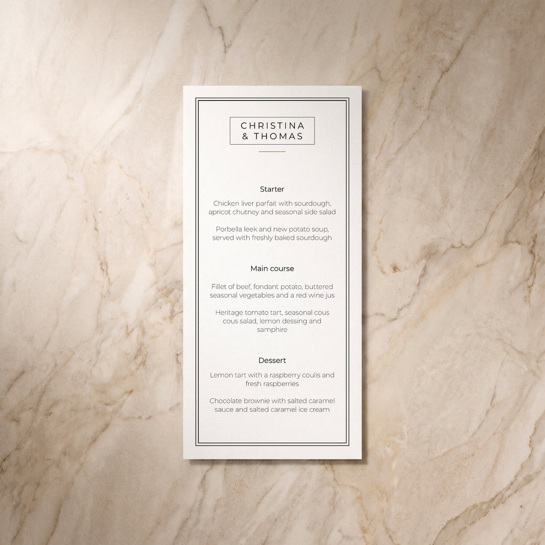 Simplicity wedding menu card, front design, designed and printed in Suffolk