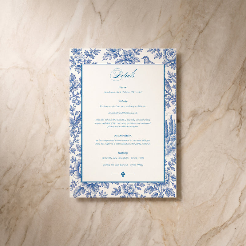 Porcelain wedding details card, front view