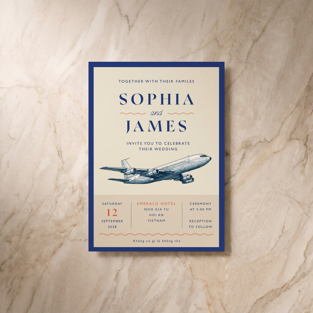 Travel wedding invitation, front design, designed and printed in Suffolk