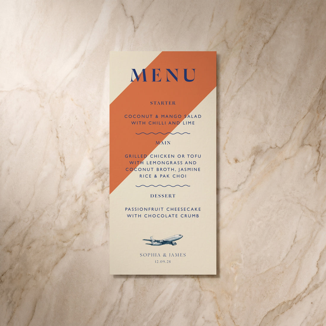 Travel wedding menu card, front design, designed and printed in Suffolk