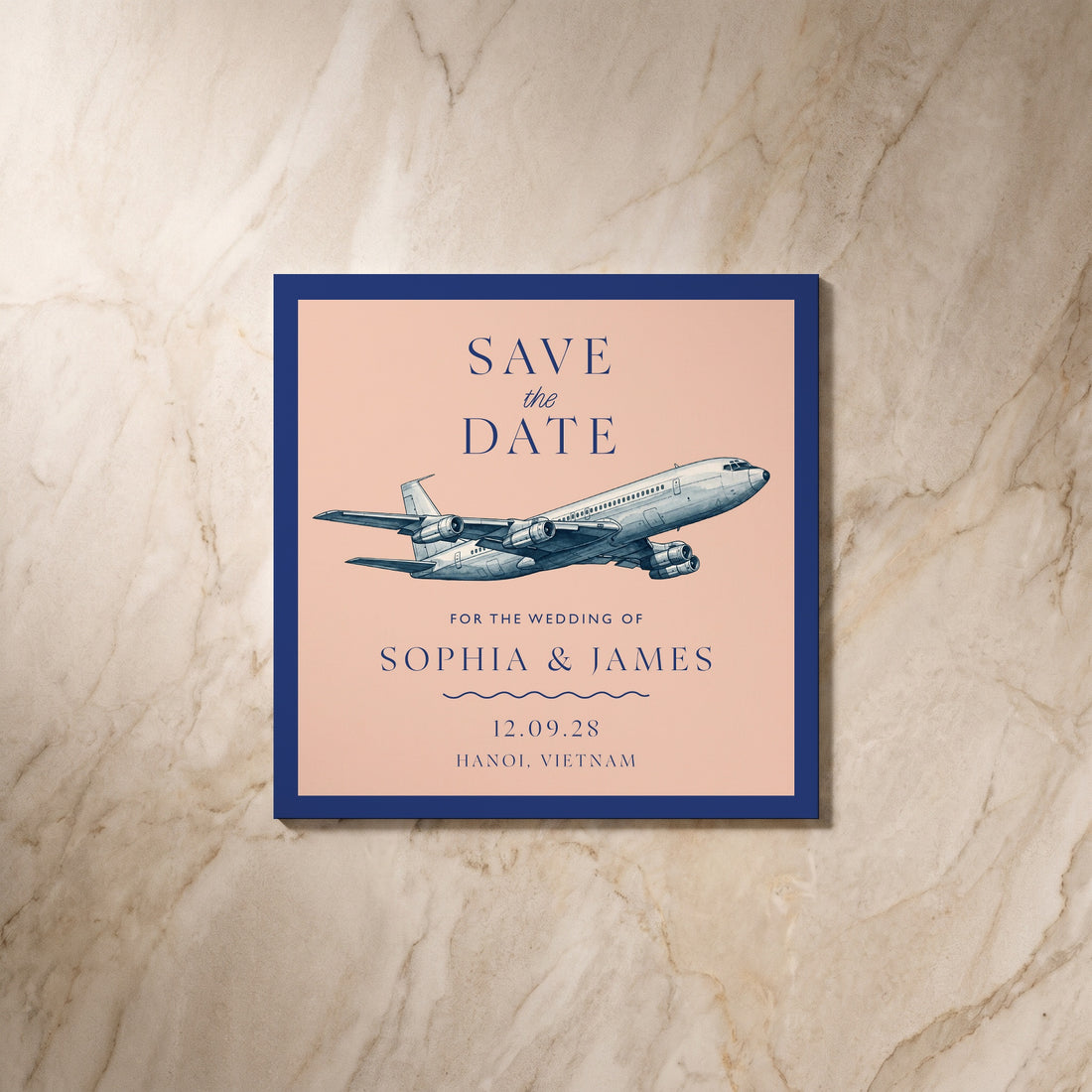 Travel wedding save the date card, front design, designed and printed in Suffolk