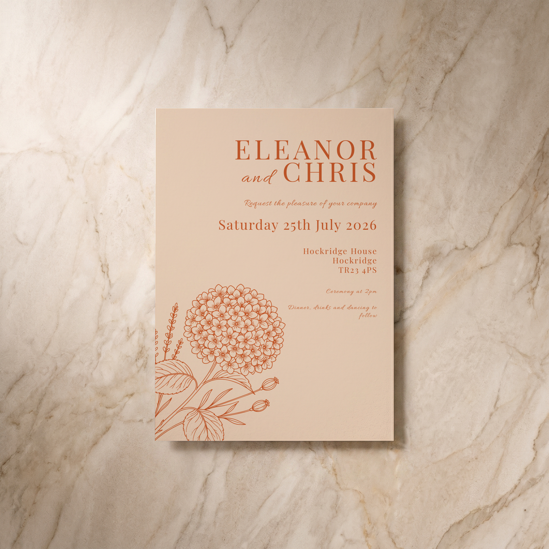 Hydrangea wedding invitation, front design, designed and printed in Suffolk