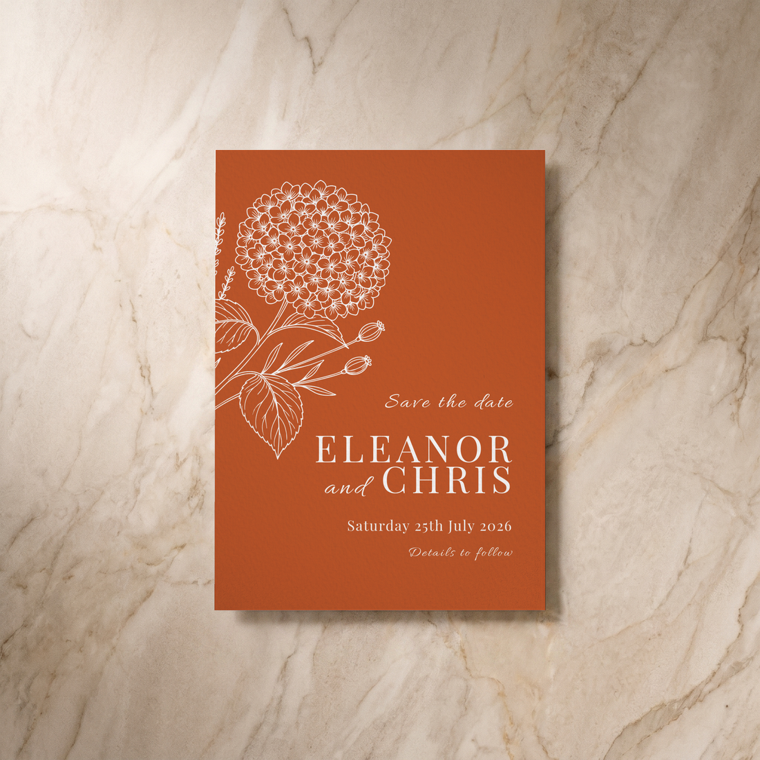 Hydrangea save the date card, front design, designed and printed in Suffolk