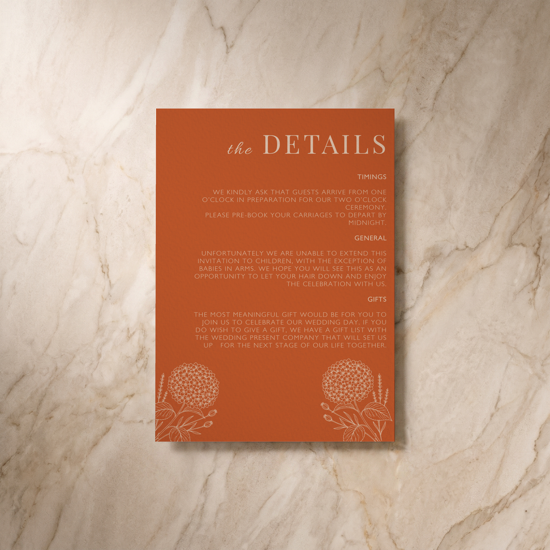 Hydrangea wedding details card, front design, designed and printed in Suffolk