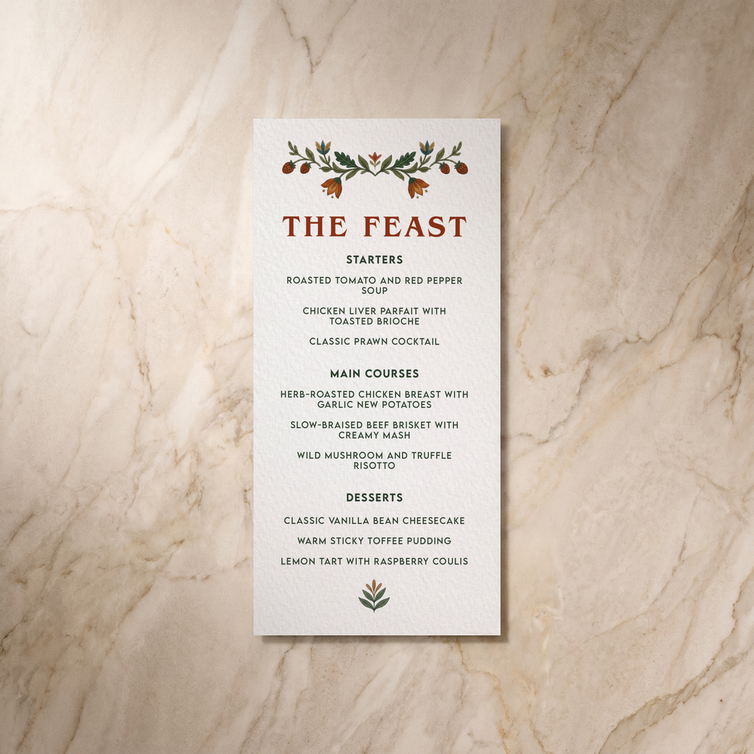 Botanical Folk wedding menu, front design, designed and printed in Suffolk