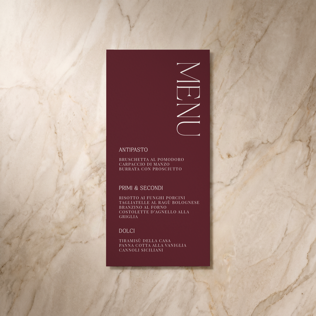 Typeface wedding menu in maroon, front design, designed and printed in Suffolk