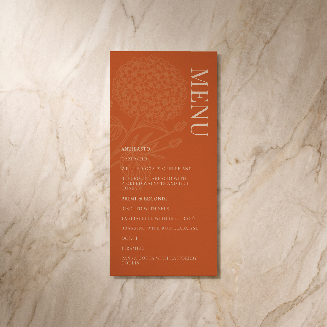 Hydrangea wedding menu, front design, designed and printed in Suffolk