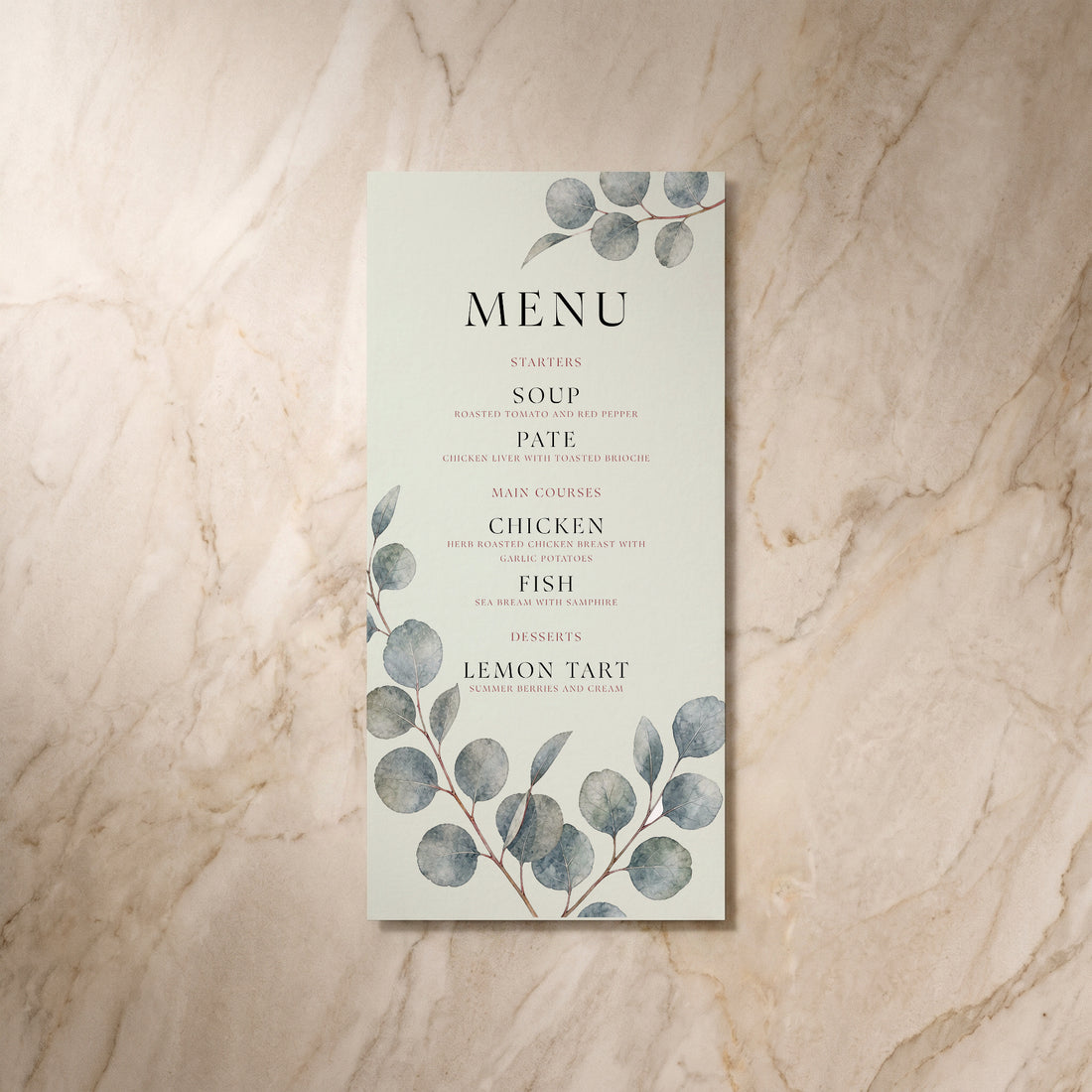 Eucalyptus wedding menu card, front design, designed and printed in Suffolk