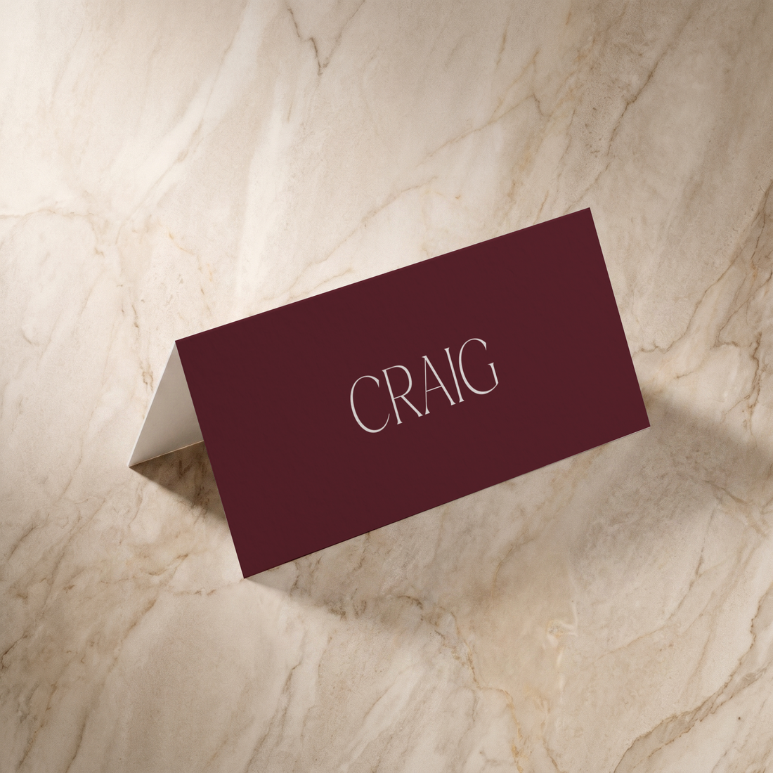 Typeface place card in maroon, front design, designed and printed in Suffolk