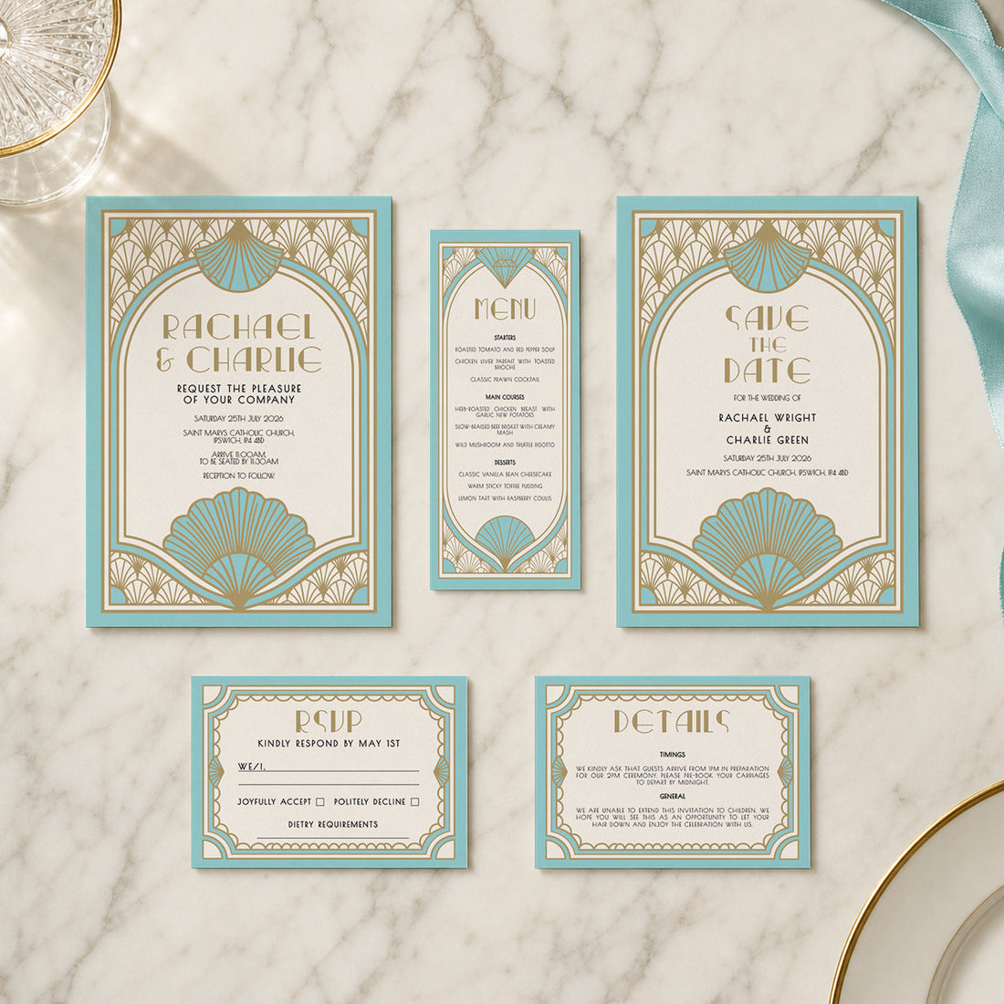 Art Deco wedding stationery range, designed and printed in Suffolk