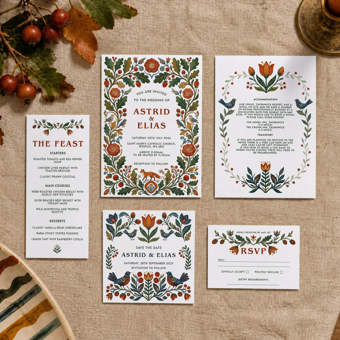 Botanical Folk wedding stationery range, designed and printed in Suffolk
