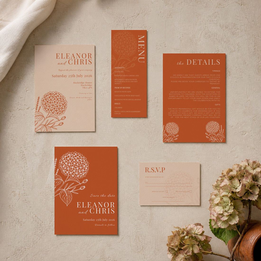 Hydrangea wedding stationery range, designed and printed in Suffolk