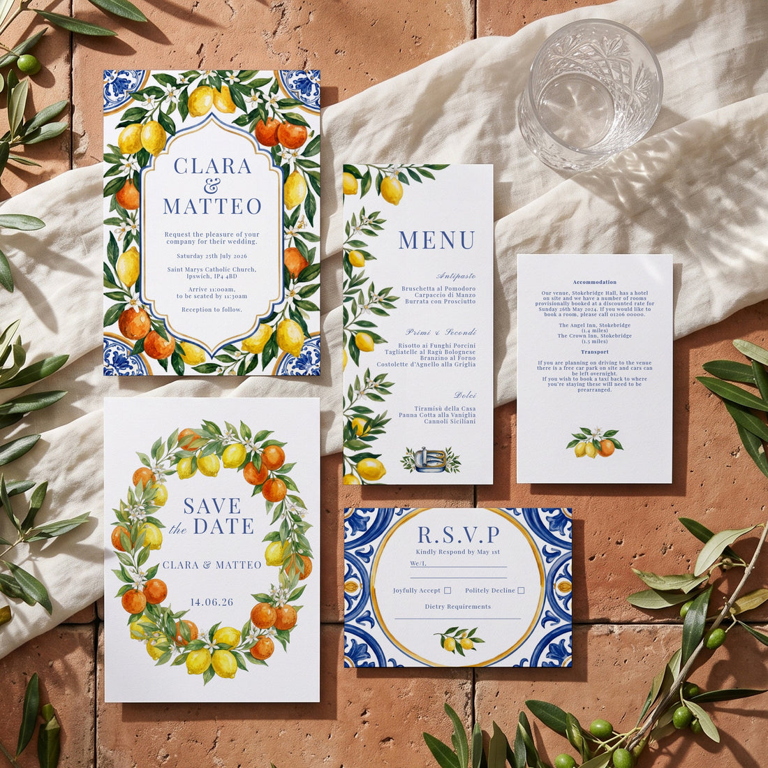Amalfi wedding stationery range, designed and printed in Suffolk