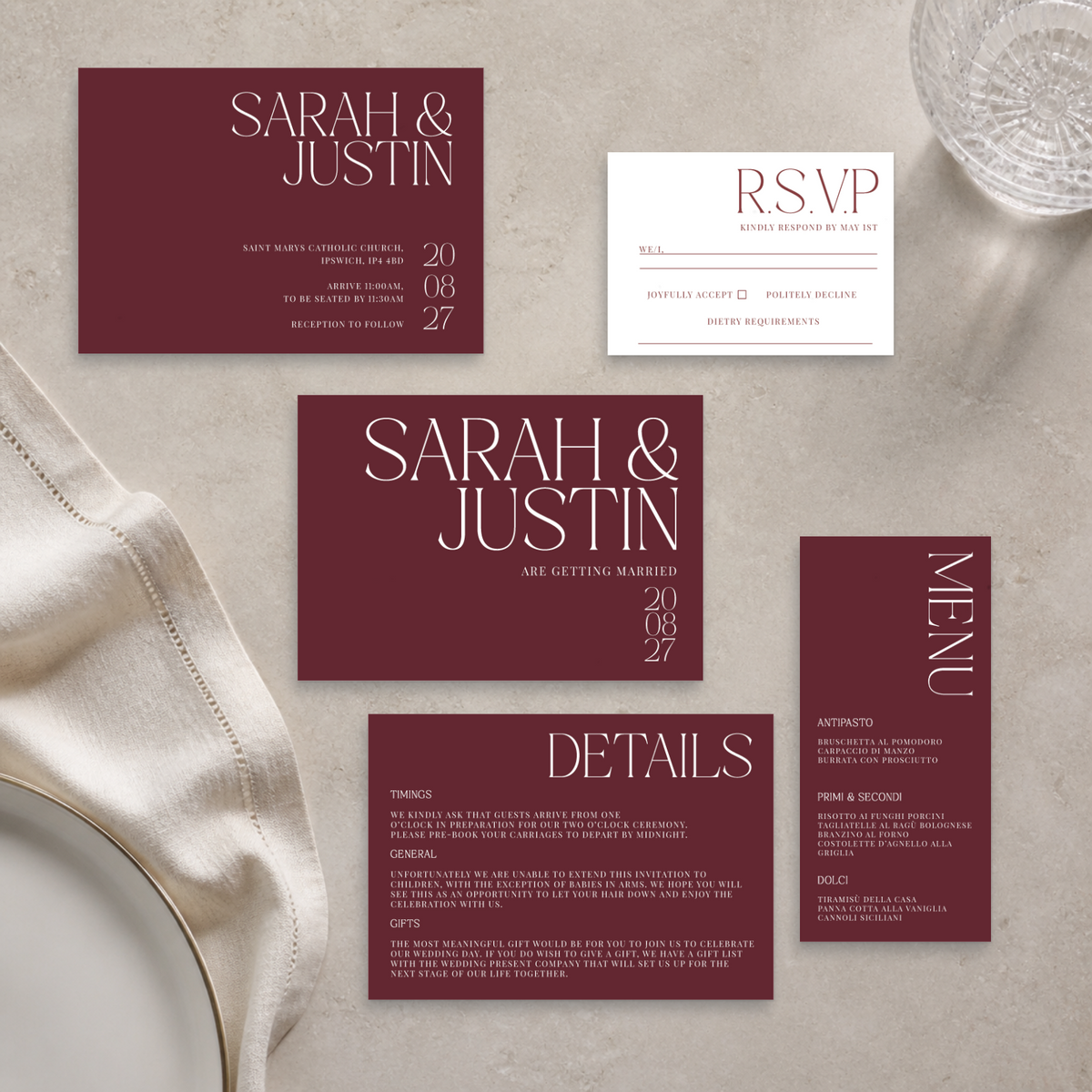 Typeface – Maroon wedding stationery suite