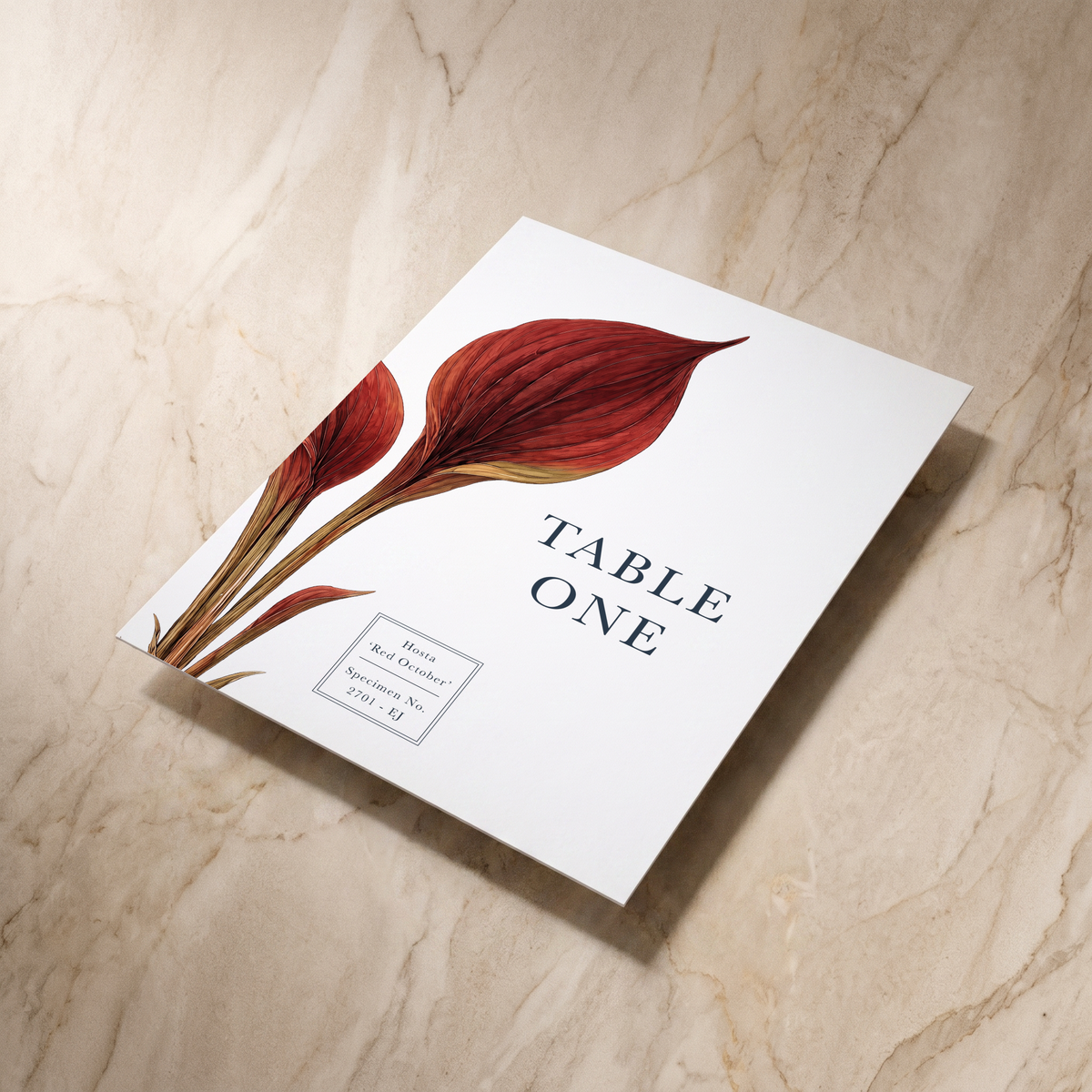 Botanist wedding table number, angled view