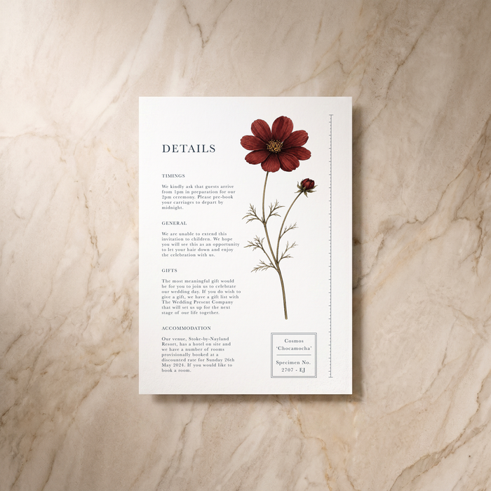 Botanist wedding details card, front