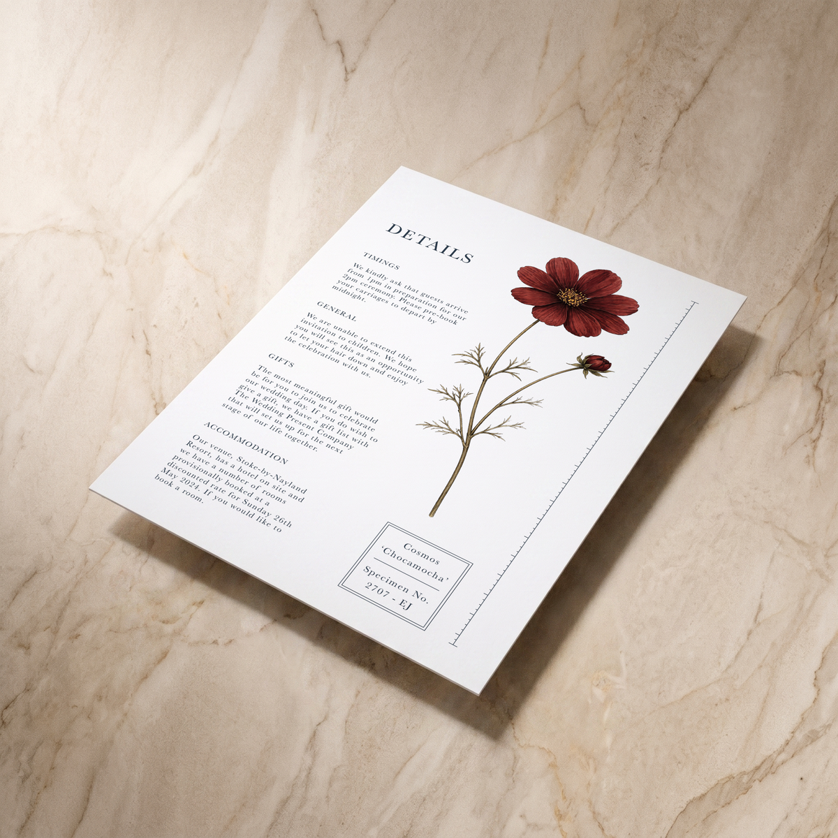Botanist wedding details card, angled front view