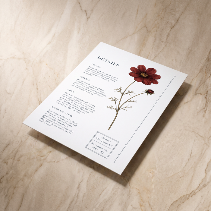 Botanist wedding details card, angled front view