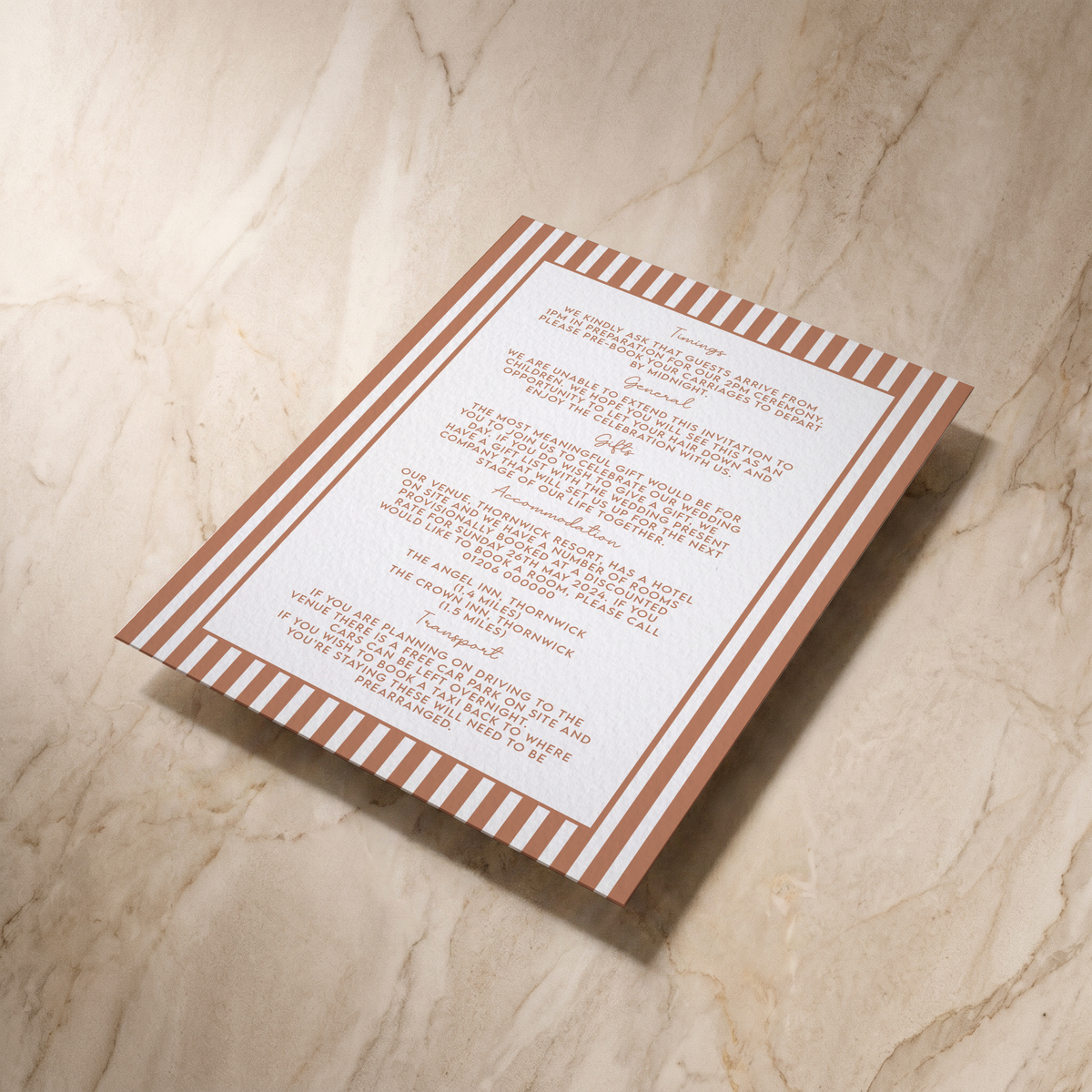 Parlour wedding details card, shown at an angle, designed and printed in Suffolk