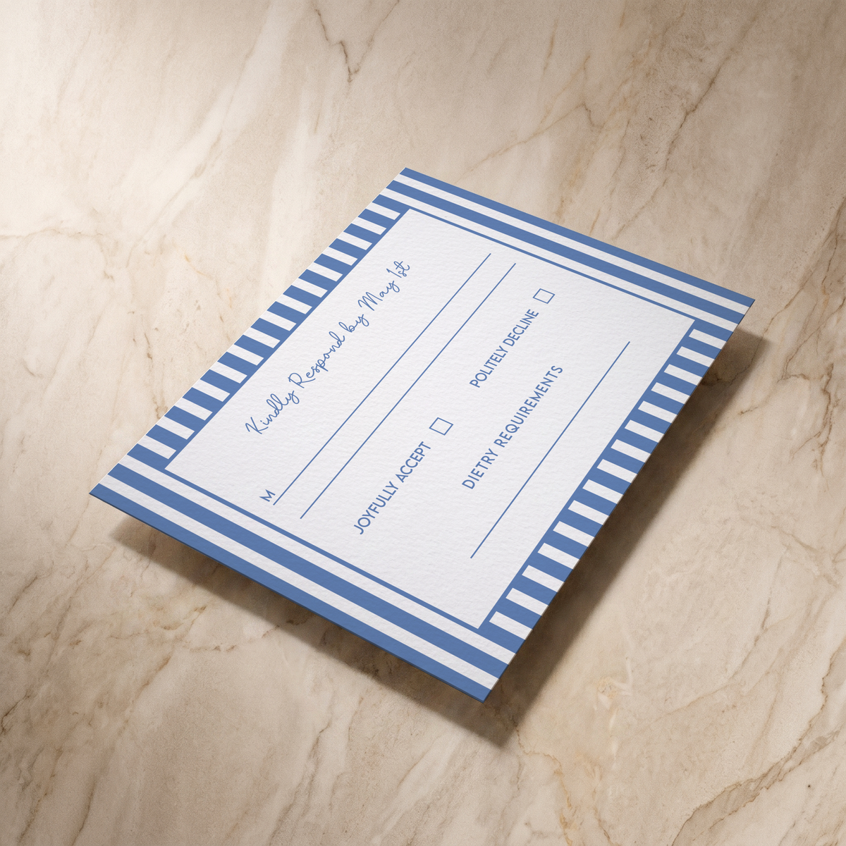 Parlour wedding RSVP card, shown at an angle, designed and printed in Suffolk