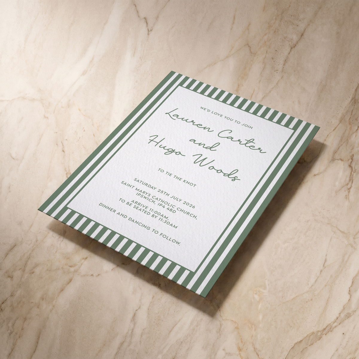 Parlour wedding invitation, shown at an angle, designed and printed in Suffolk
