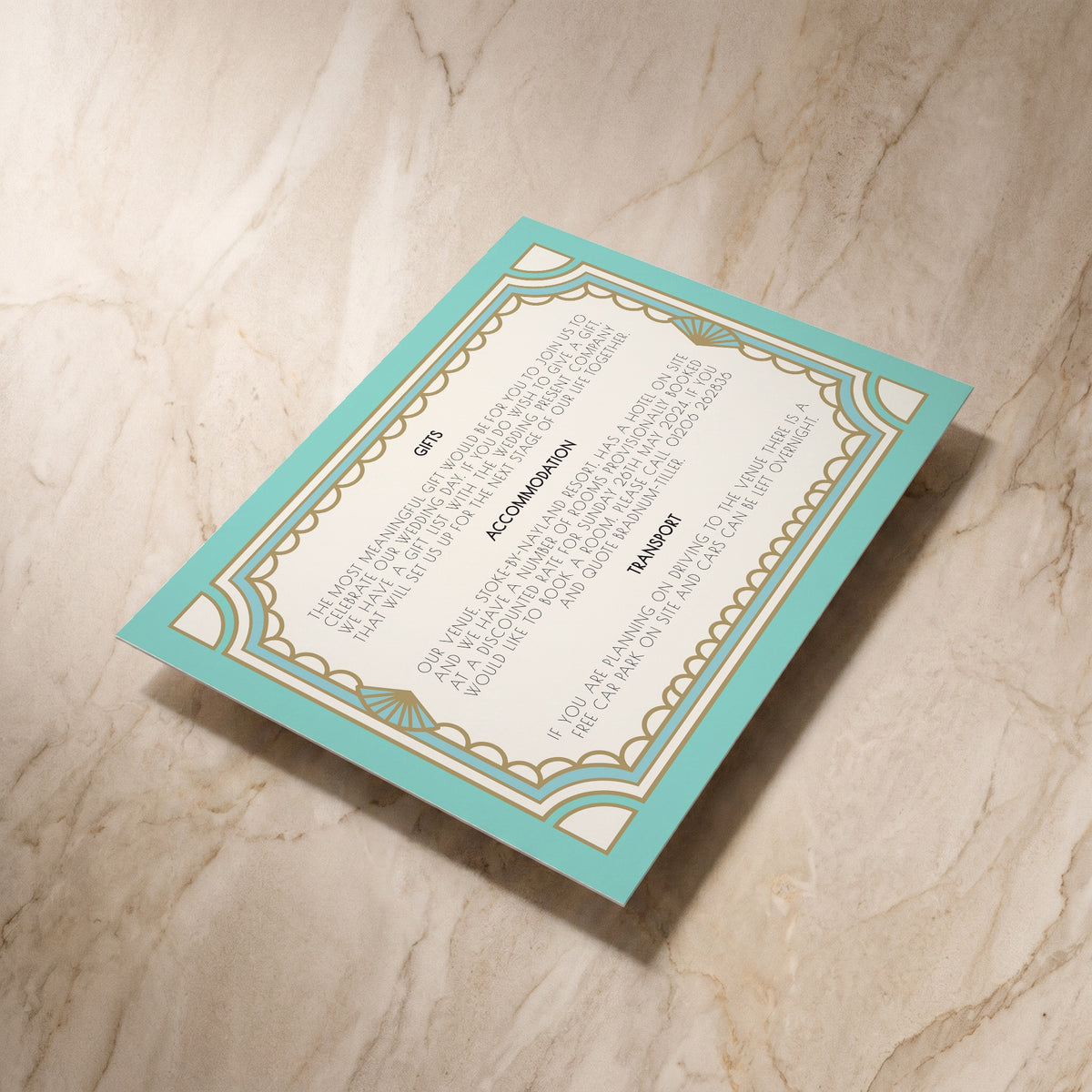 Art Deco wedding details card, reverse shown at an angle, designed and printed in Suffolk