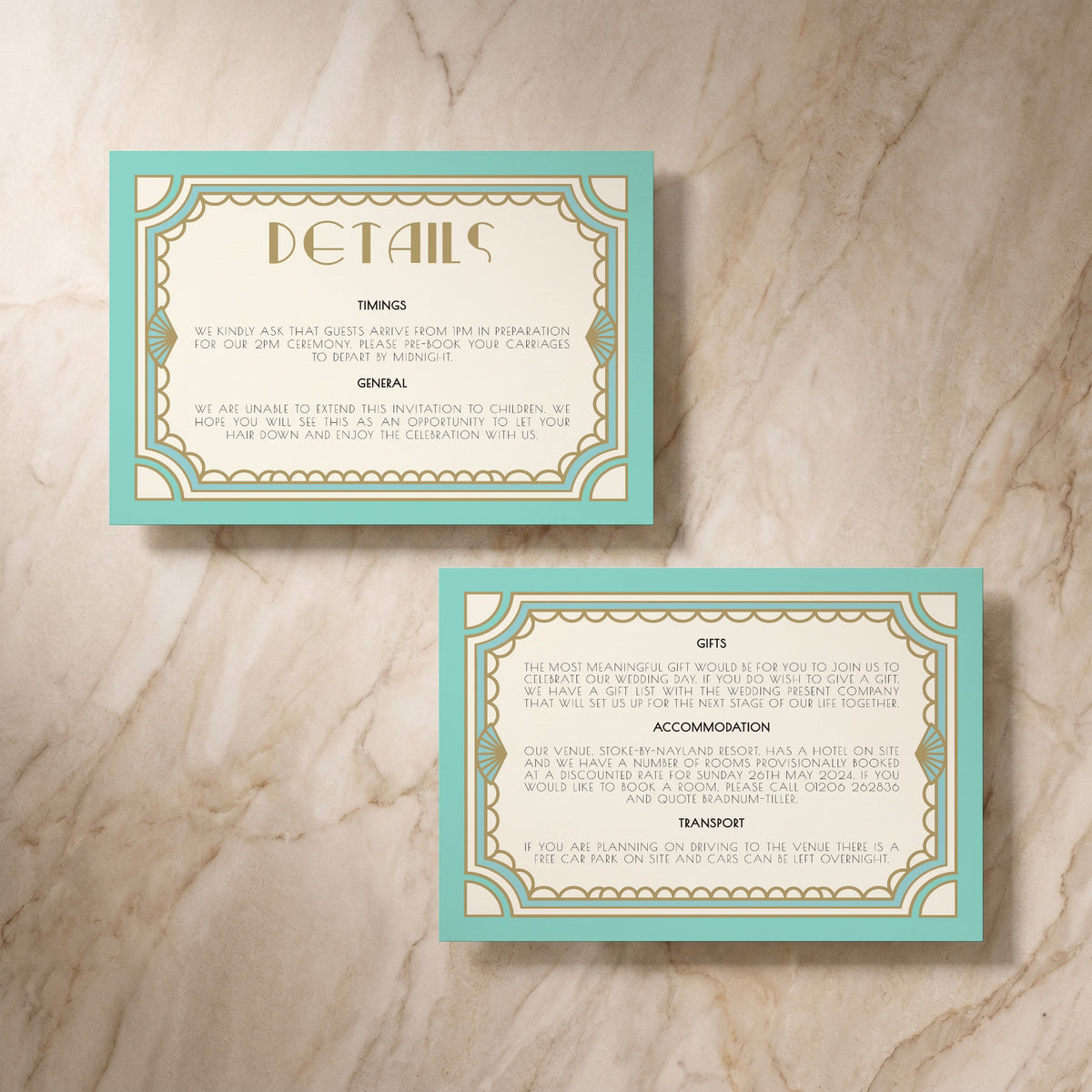 Art Deco wedding details card, front and reverse, designed and printed in Suffolk