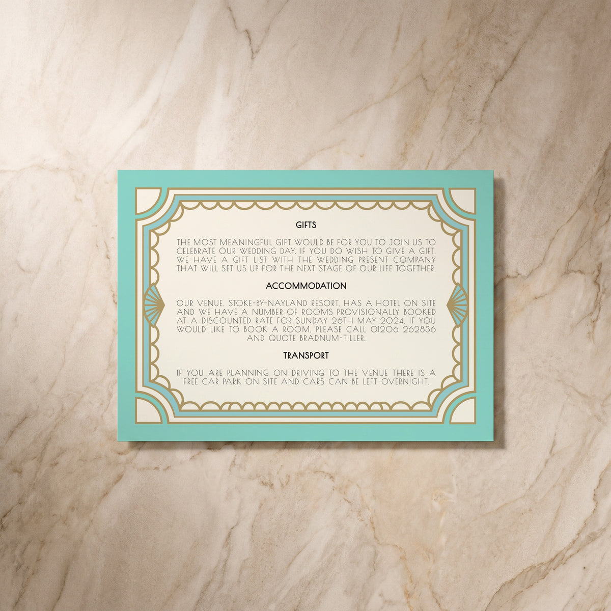 Art Deco wedding details card, reverse design, designed and printed in Suffolk