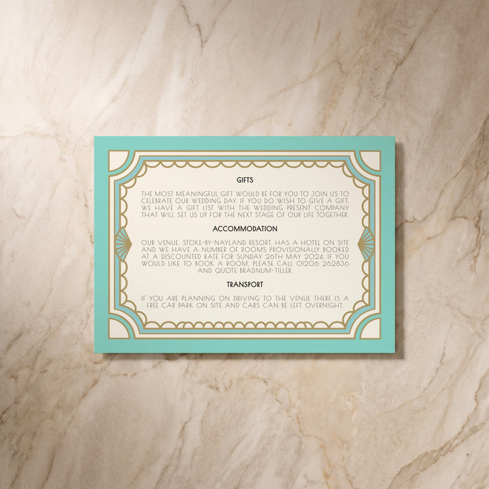 Art Deco wedding details card, reverse design, designed and printed in Suffolk