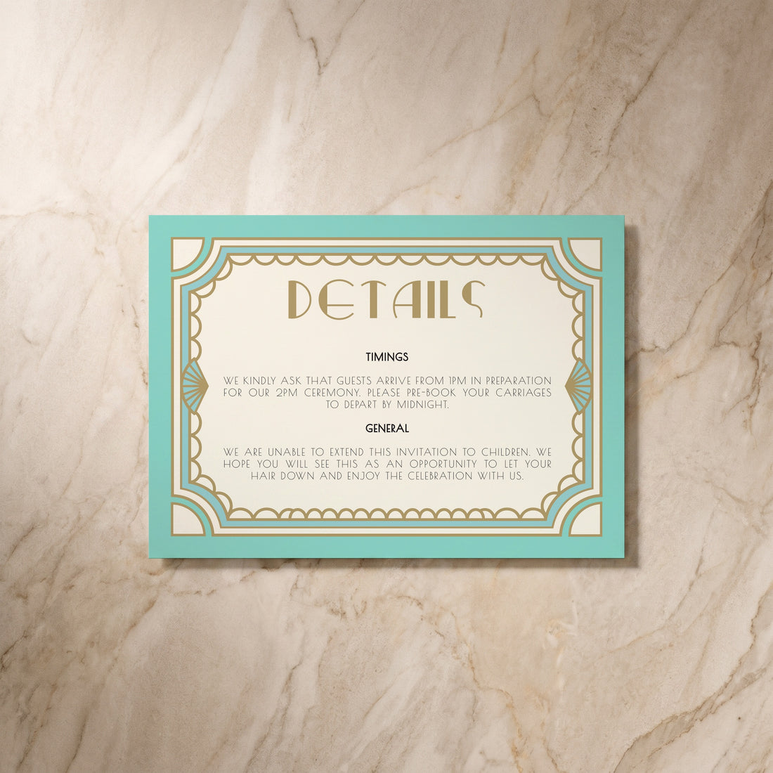 Art Deco wedding details card, front design, designed and printed in Suffolk