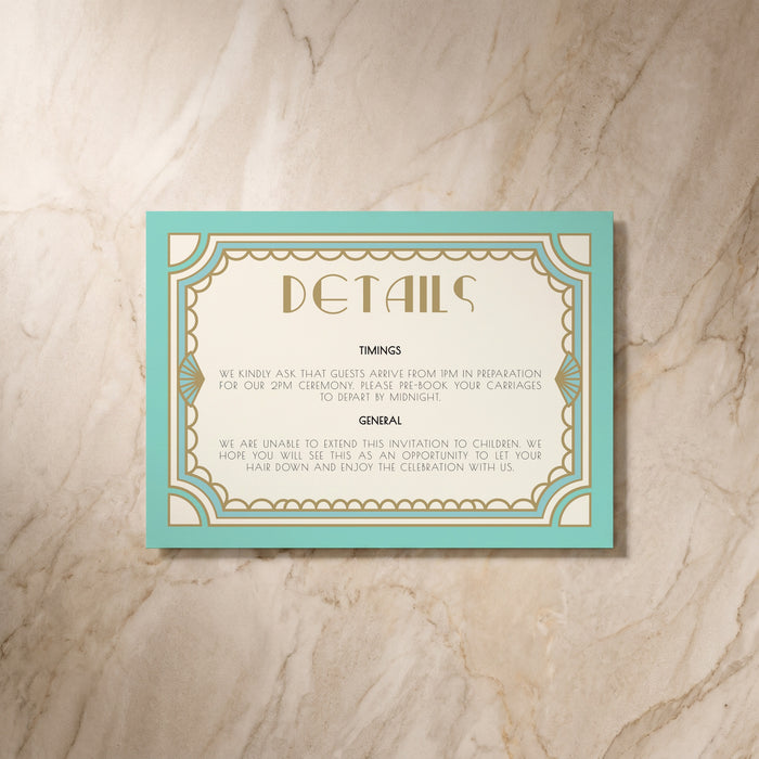 Art Deco wedding details card, front design, designed and printed in Suffolk
