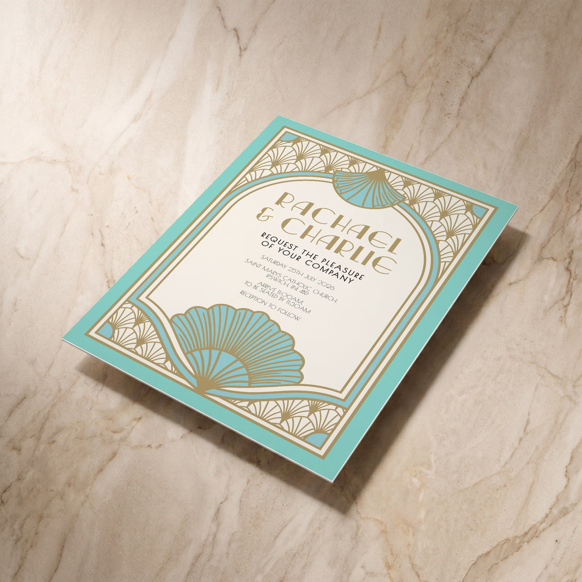 Art Deco wedding invitation, shown at an angle, designed and printed in Suffolk