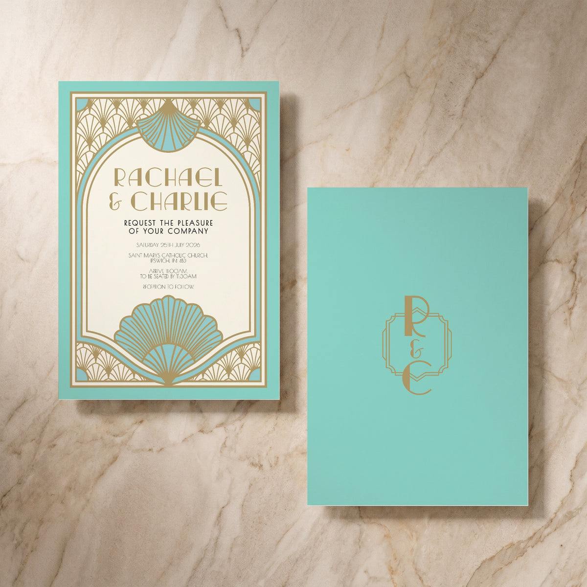 Art Deco wedding invitation, front and reverse, designed and printed in Suffolk
