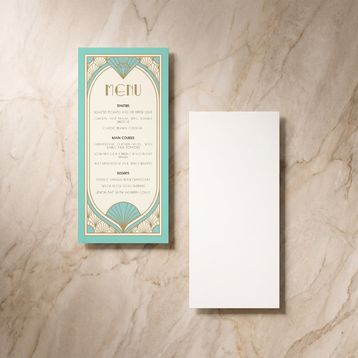 Art Deco wedding menu card, front and reverse, designed and printed in Suffolk