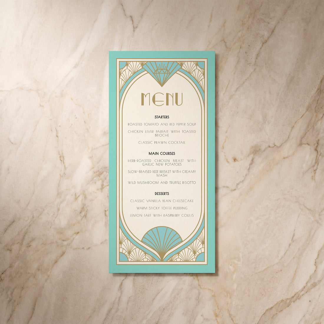 Art Deco wedding menu card, front design, designed and printed in Suffolk