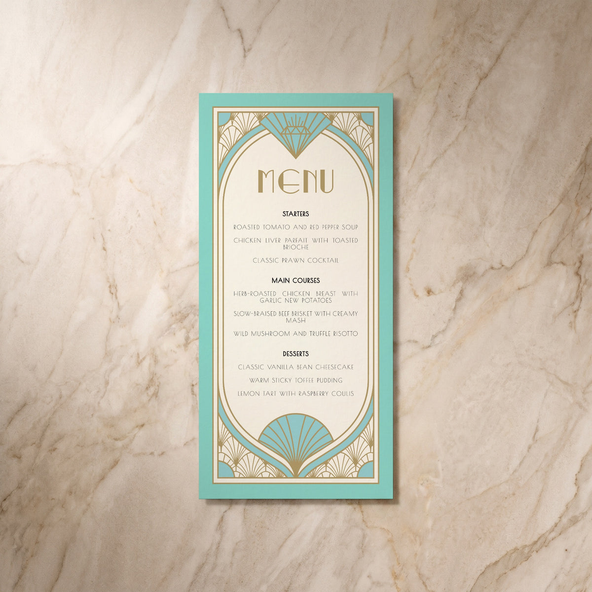 Art Deco wedding menu card, front design, designed and printed in Suffolk