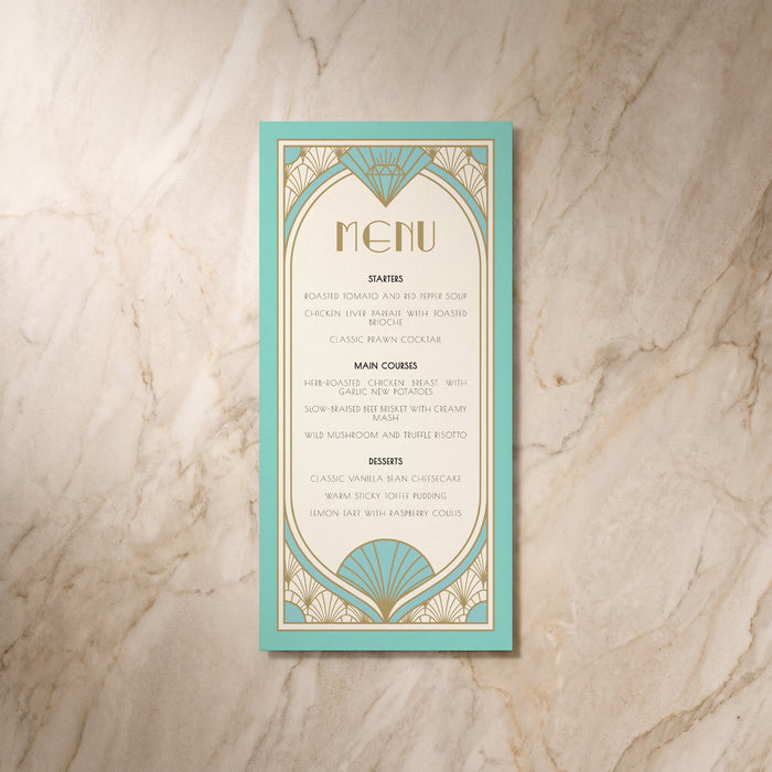 Art Deco wedding menu card, front design, designed and printed in Suffolk